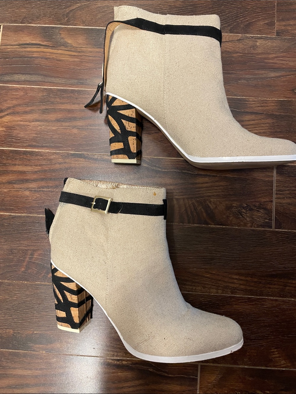 Miss Albright Beige Canvas Ankle Boots with Black Strap and Patterned Heel
